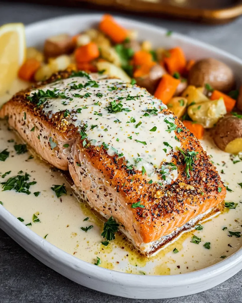 Baked Boursin Salmon fillet topped with creamy garlic herb cheese, fresh lemon, and parsley served with roasted vegetables in a white baking dish.