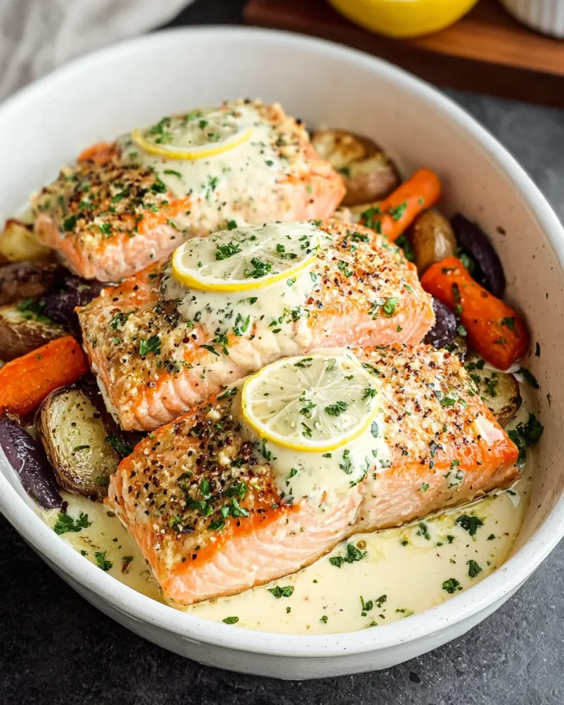 Baked Boursin Salmon fillet topped with creamy garlic herb cheese, fresh lemon, and parsley served with roasted vegetables in a white baking dish.