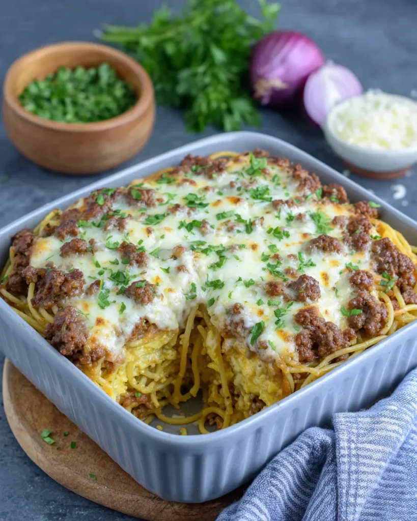 Baked Cream Cheese Spaghetti Casserole fresh out of the oven with a golden, bubbly cheese topping, served in a ceramic baking dish on a white countertop.