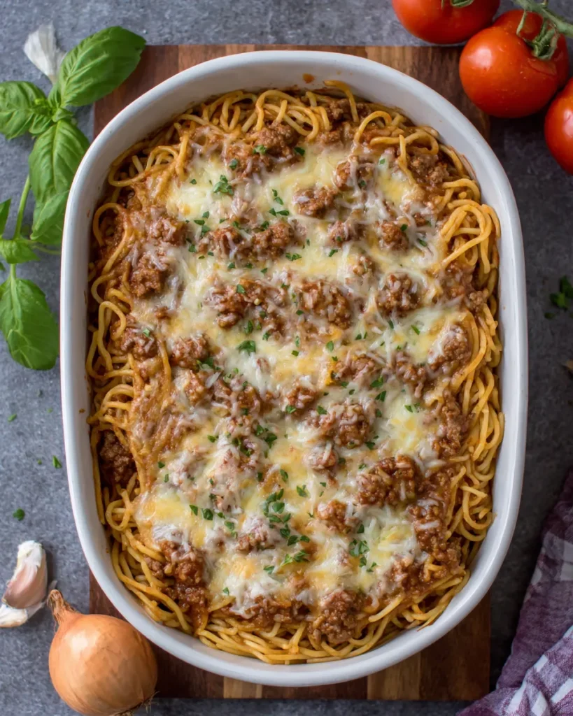 Baked Cream Cheese Spaghetti Casserole fresh out of the oven with a golden, bubbly cheese topping, served in a ceramic baking dish on a white countertop.