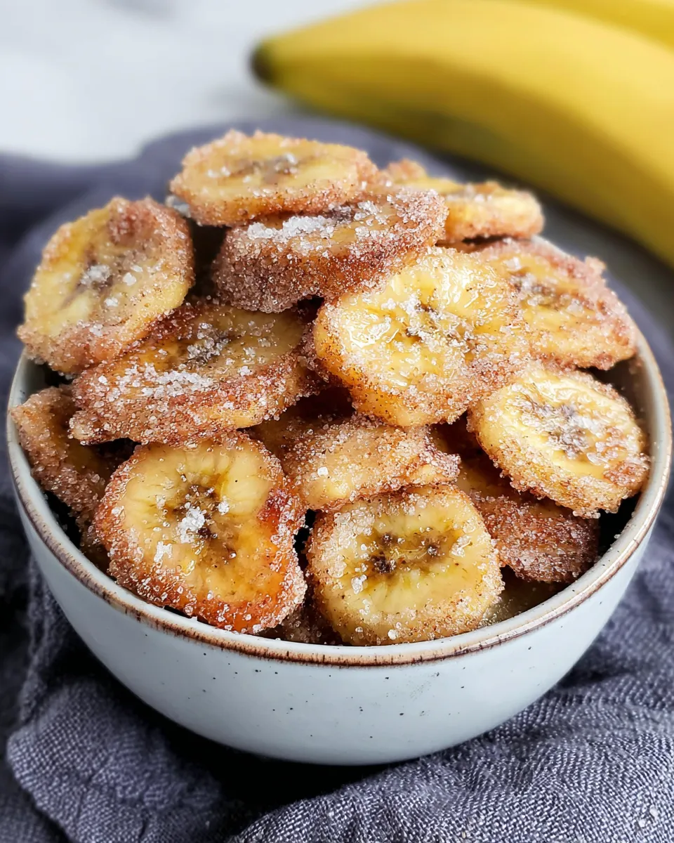 Cinnamon Sugar Air Fryer Banana Chips served on a rustic brunch table with fresh fruit, yogurt bowls, and coffee, crispy and golden with a dusting of cinnamon sugar.