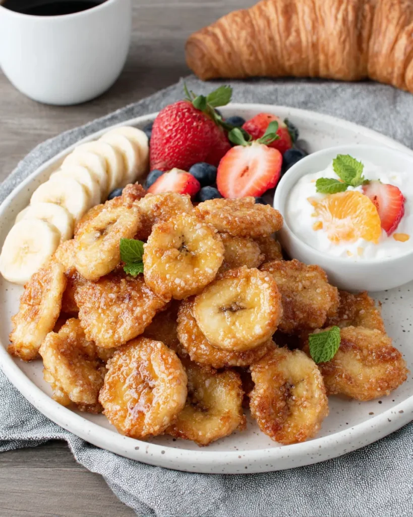 Cinnamon Sugar Air Fryer Banana Chips served on a rustic brunch table with fresh fruit, yogurt bowls, and coffee, crispy and golden with a dusting of cinnamon sugar.