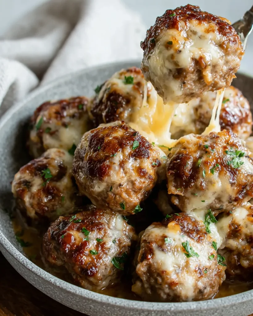 Cheesy French Onion Meatballs in a skillet topped with melted Gruyère cheese and caramelized onions, served with fresh parsley and crusty bread.