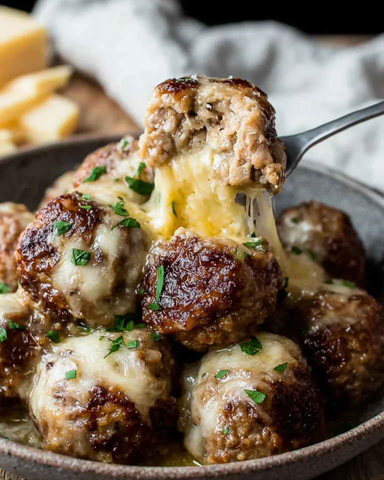Cheesy French Onion Meatballs in a skillet topped with melted Gruyère cheese and caramelized onions, served with fresh parsley and crusty bread.