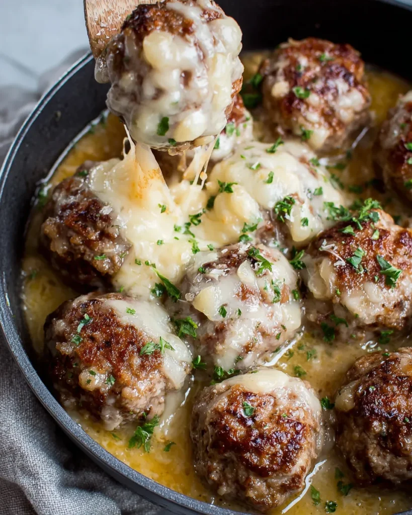 Cheesy French Onion Meatballs in a skillet topped with melted Gruyère cheese and caramelized onions, served with fresh parsley and crusty bread.