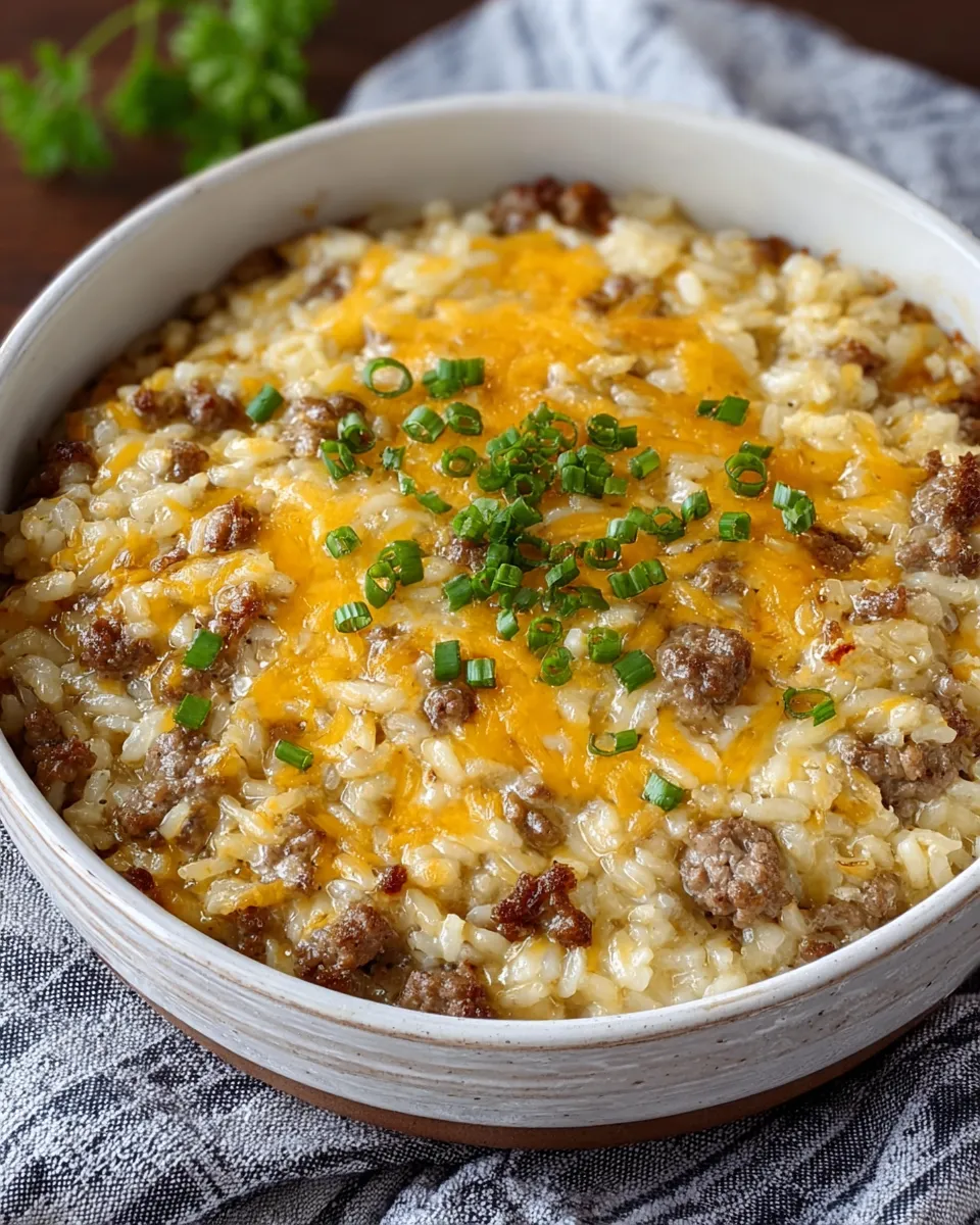 Cheesy Hamburger Rice Casserole served in a white baking dish, topped with melted cheddar cheese and fresh parsley, with a golden, bubbly surface and visible chunks of beef and rice.