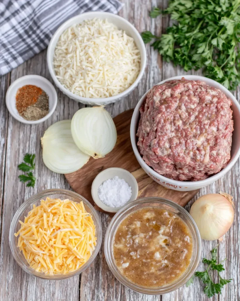 Flat lay of Cheesy Hamburger Rice Casserole ingredients on a rustic wooden surface, including raw ground beef, uncooked rice, shredded cheddar cheese, cream of mushroom soup, chopped onion, garlic, beef broth, and small bowls of paprika, salt, and pepper.