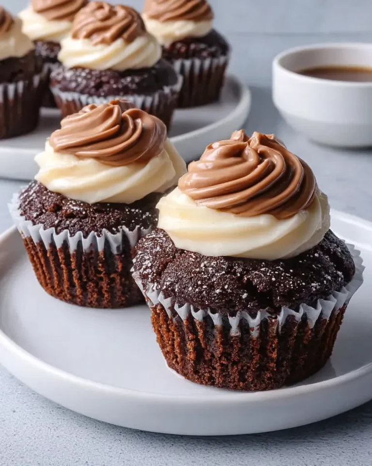 Close-up of chocolate coffee cream cupcakes with moist chocolate cake, filled with fluffy whipped cream, and topped with a swirl of cream and chocolate shavings, photographed in soft, natural light.