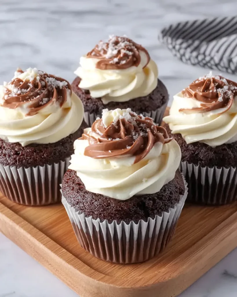 Close-up of chocolate coffee cream cupcakes with moist chocolate cake, filled with fluffy whipped cream, and topped with a swirl of cream and chocolate shavings, photographed in soft, natural light.