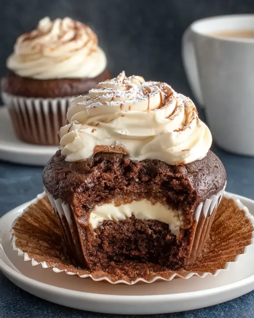 Close-up of chocolate coffee cream cupcakes with moist chocolate cake, filled with fluffy whipped cream, and topped with a swirl of cream and chocolate shavings, photographed in soft, natural light.