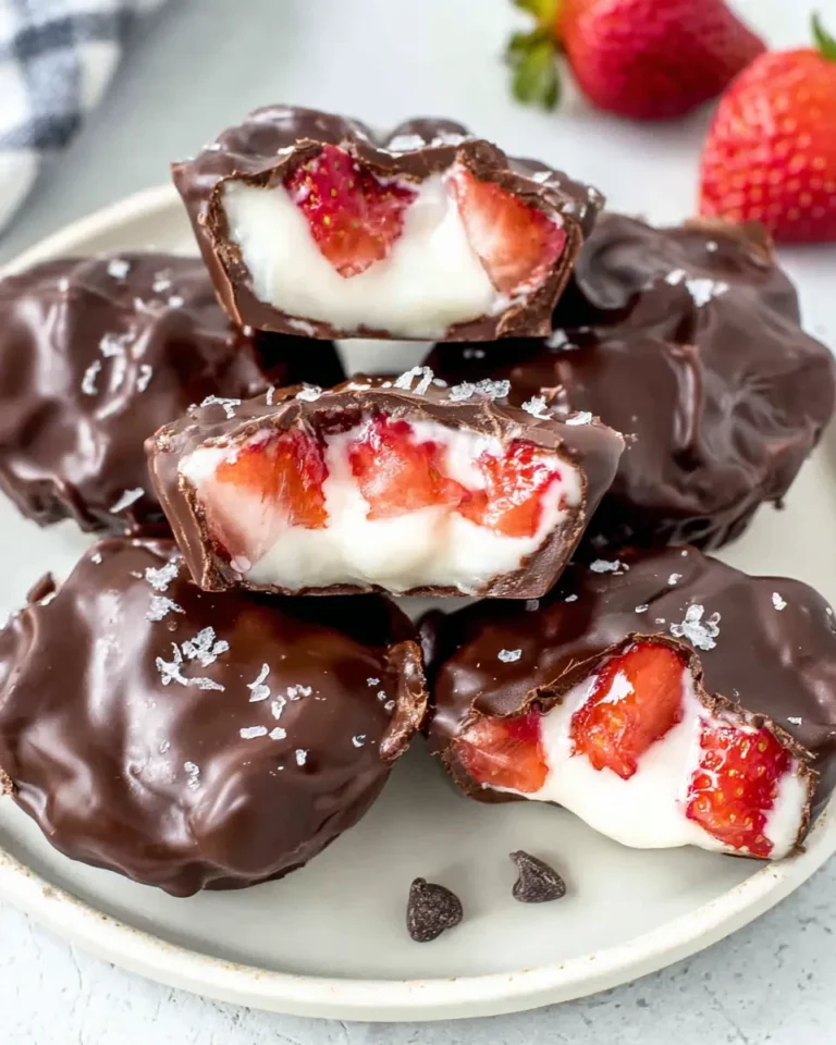 Close-up of chocolate strawberry frozen yogurt bites arranged on a parchment-lined tray, with one bite cut open to reveal the creamy strawberry yogurt center. Made with fresh strawberries, Greek yogurt, and melted chocolate. Healthy no-bake summer dessert photographed in natural kitchen light.