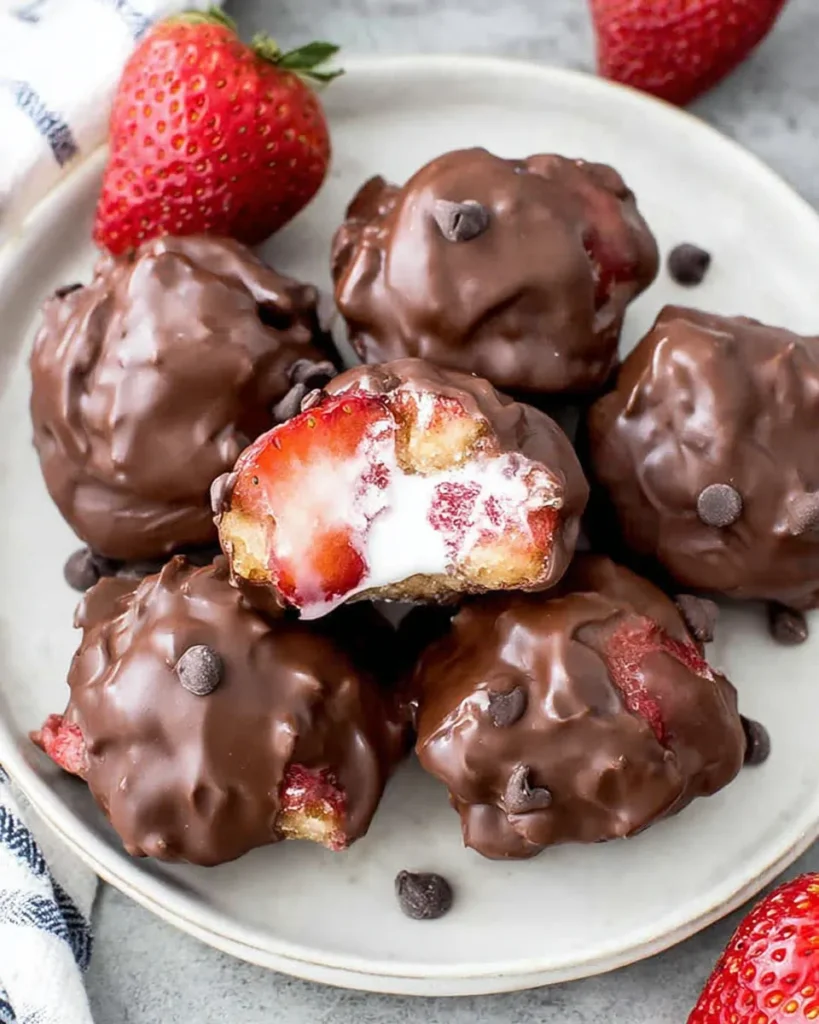 Close-up of chocolate strawberry frozen yogurt bites arranged on a parchment-lined tray, with one bite cut open to reveal the creamy strawberry yogurt center. Made with fresh strawberries, Greek yogurt, and melted chocolate. Healthy no-bake summer dessert photographed in natural kitchen light.
