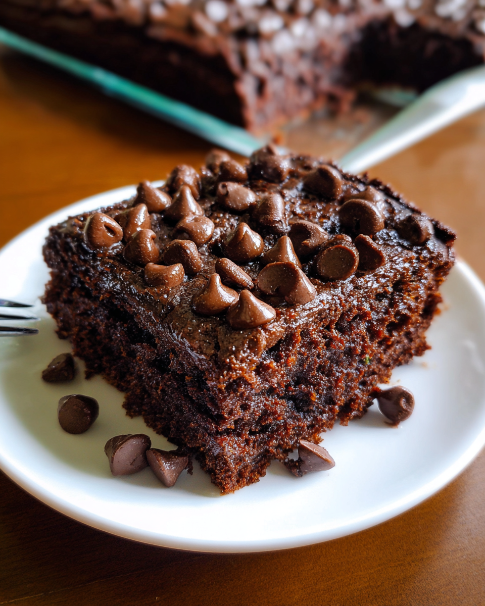 Close-up of a homemade chocolate zucchini cake topped with rich chocolate frosting, showing a moist, dense crumb with tiny flecks of zucchini, captured in soft natural light on a kitchen counter.