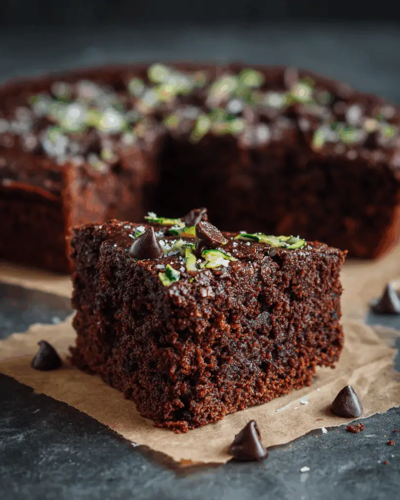 Close-up of a homemade chocolate zucchini cake topped with rich chocolate frosting, showing a moist, dense crumb with tiny flecks of zucchini, captured in soft natural light on a kitchen counter.