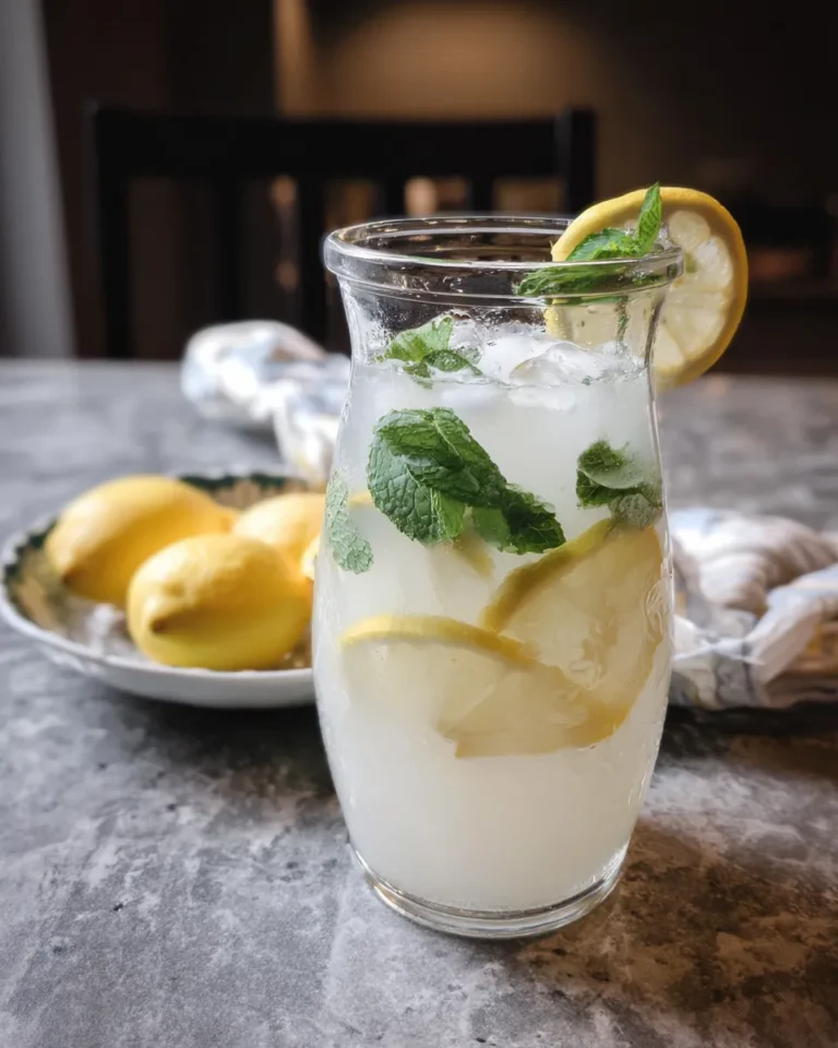 A tall glass of coconut lemonade garnished with fresh mint and a lemon slice, filled with ice, showing a creamy pale yellow hue, sitting on a wooden table in natural light.