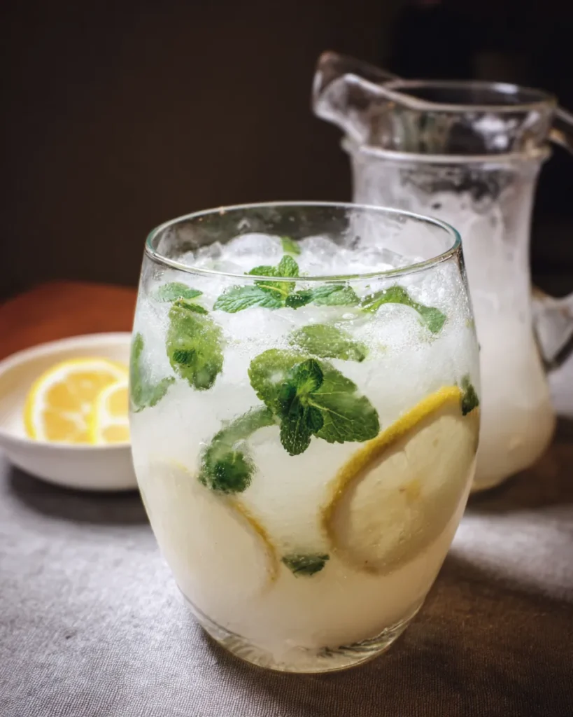 A tall glass of coconut lemonade garnished with fresh mint and a lemon slice, filled with ice, showing a creamy pale yellow hue, sitting on a wooden table in natural light.