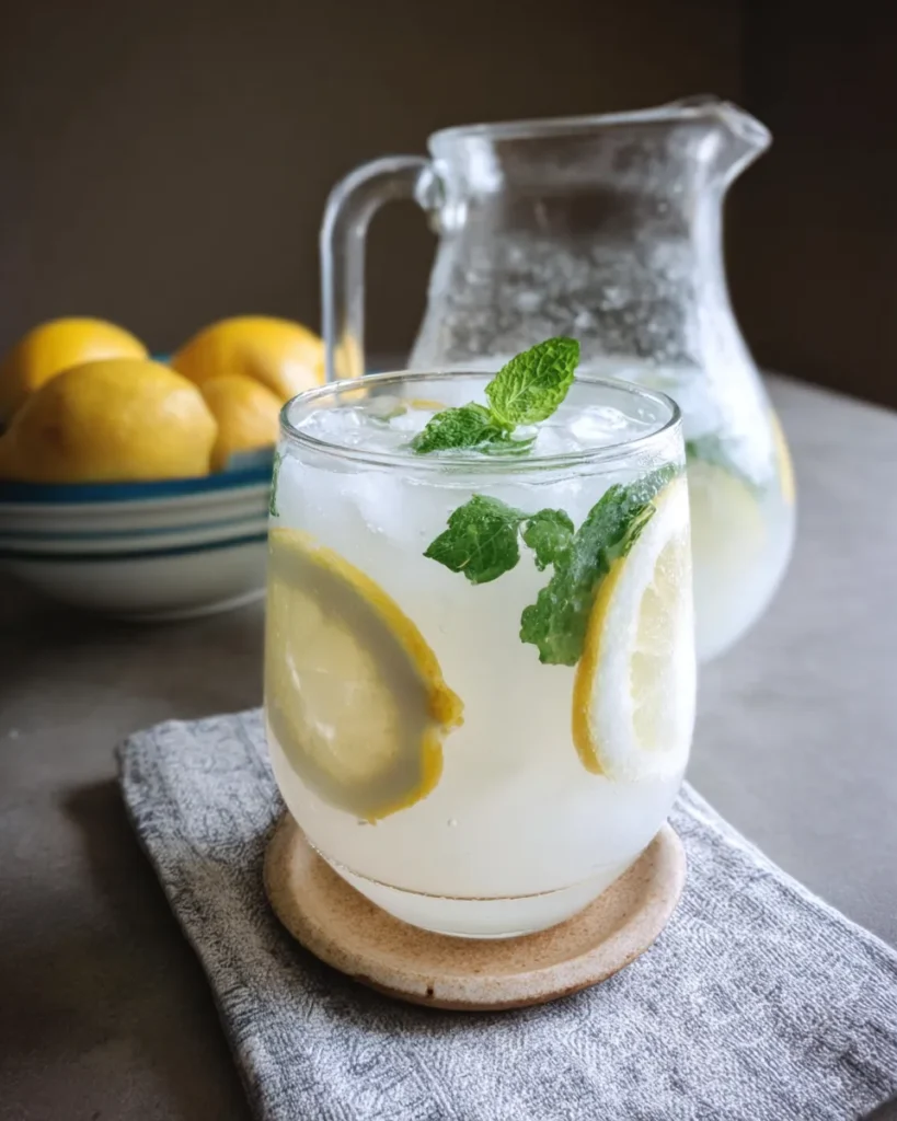 A tall glass of coconut lemonade garnished with fresh mint and a lemon slice, filled with ice, showing a creamy pale yellow hue, sitting on a wooden table in natural light.
