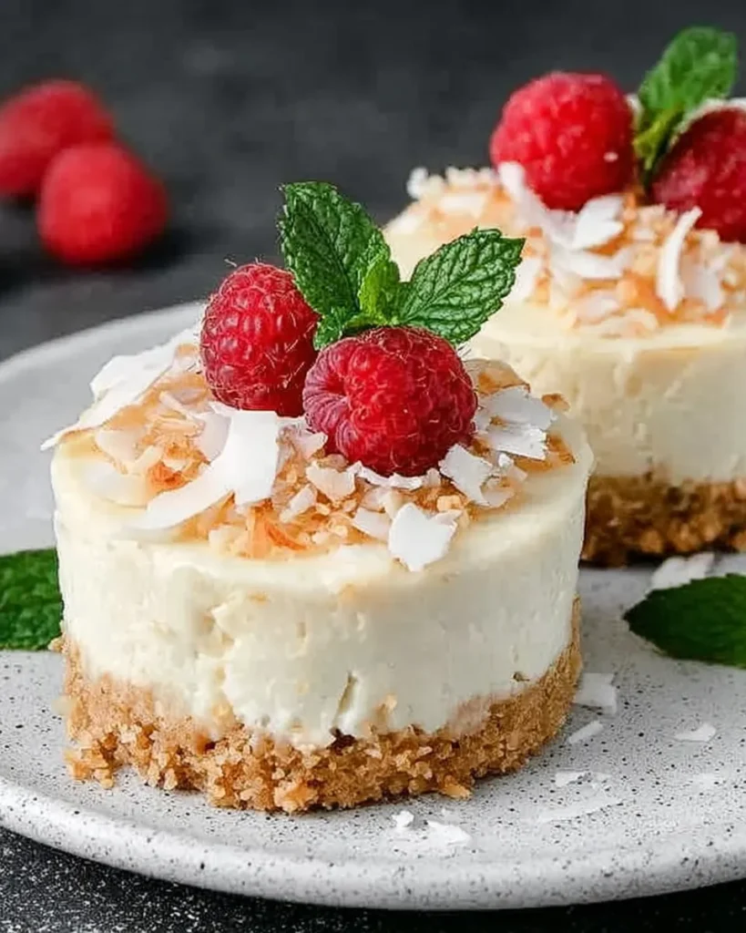 Mini coconut milk cheesecakes topped with toasted coconut flakes, fresh raspberries, and mint leaves on a rustic plate.