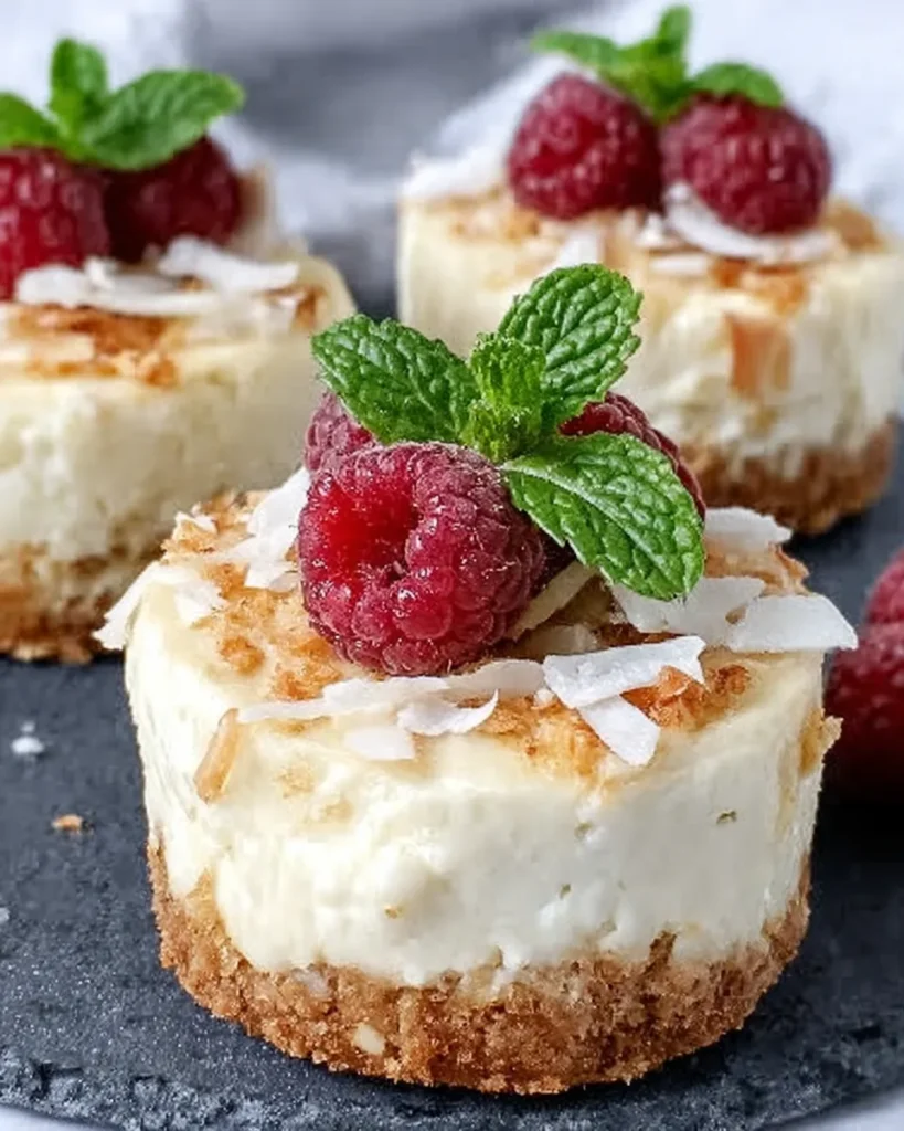 Mini coconut milk cheesecakes topped with toasted coconut flakes, fresh raspberries, and mint leaves on a rustic plate.