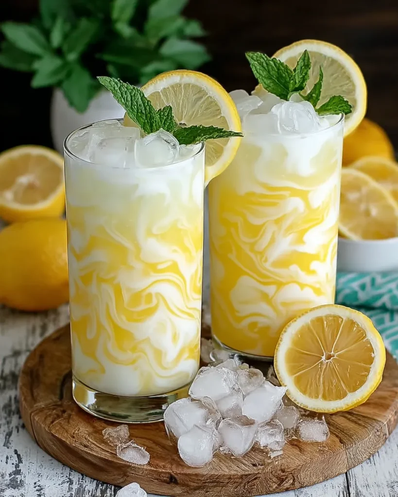 Glass of creamy condensed milk lemonade with fresh lemon slices and ice cubes, served in a clear glass pitcher on a sunny summer table.