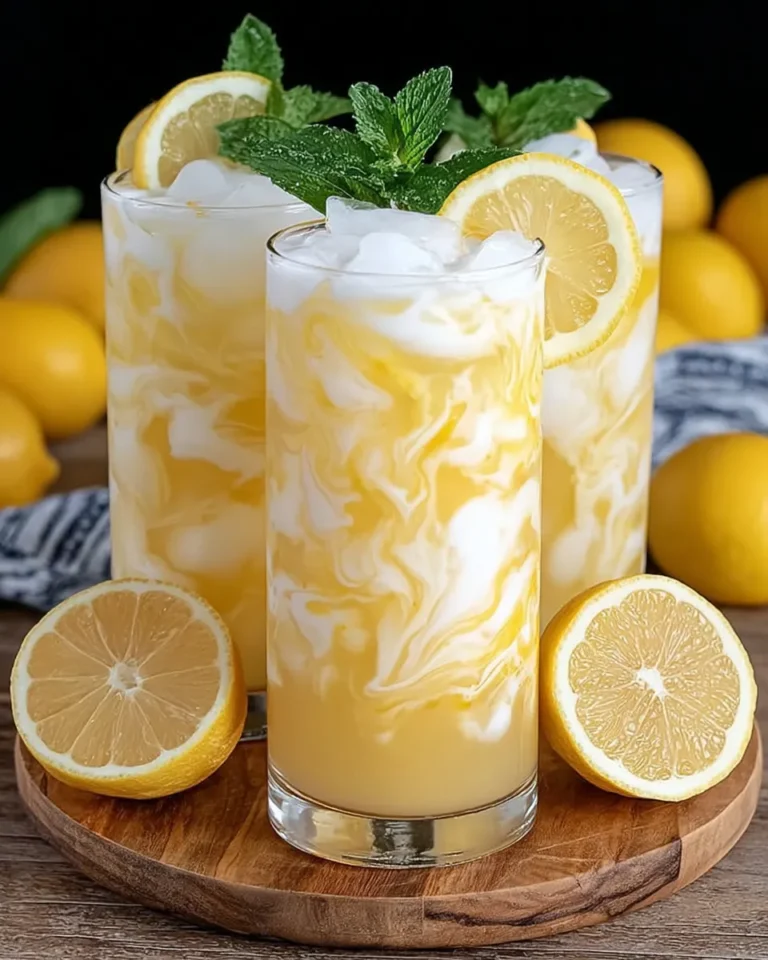 Glass of creamy condensed milk lemonade with fresh lemon slices and ice cubes, served in a clear glass pitcher on a sunny summer table.
