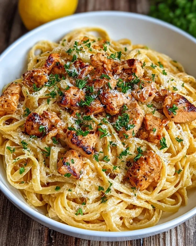 Overhead view of Cowboy Butter Chicken Linguine ingredients arranged on a white marble countertop, including raw chicken breast, dry linguine, butter, garlic cloves, lemon, Dijon mustard, Parmesan cheese, heavy cream, olive oil, and fresh parsley in natural light.