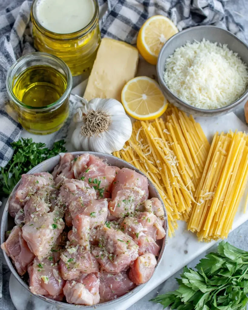 Overhead view of Cowboy Butter Chicken Linguine ingredients arranged on a white marble countertop, including raw chicken breast, dry linguine, butter, garlic cloves, lemon, Dijon mustard, Parmesan cheese, heavy cream, olive oil, and fresh parsley in natural light.