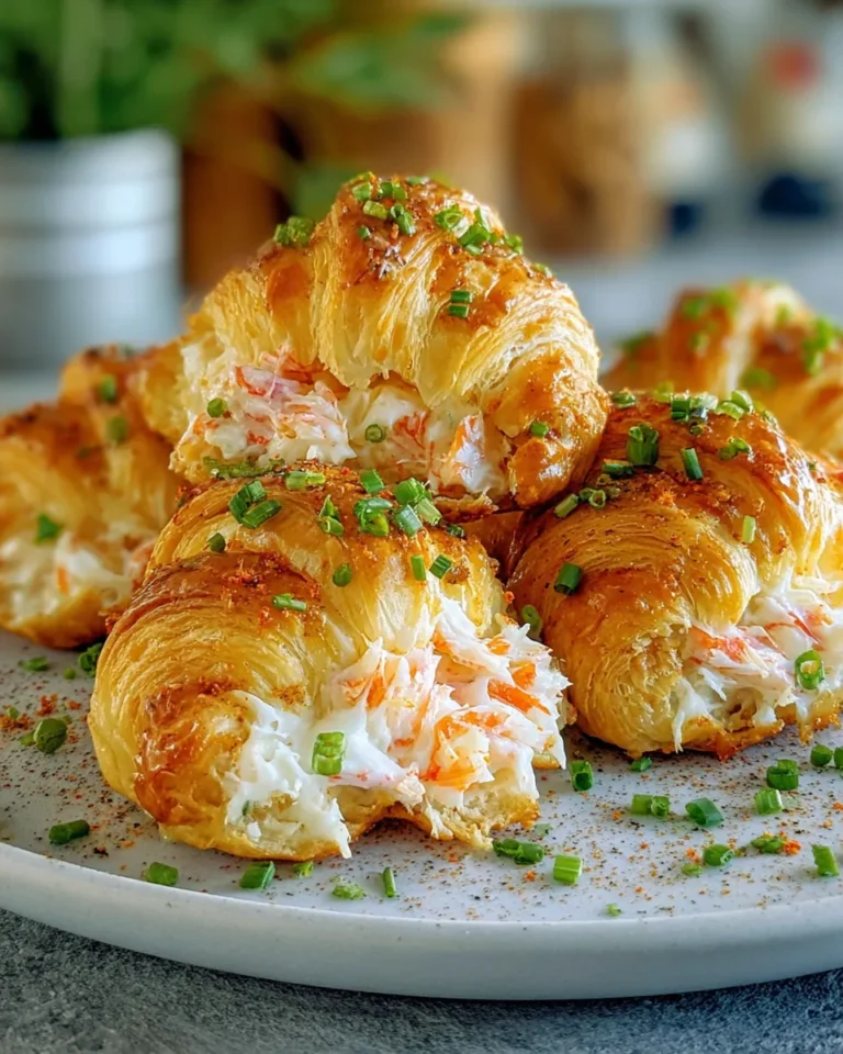 Golden brown Crab Crescent Bites on a baking sheet, filled with creamy crab, cream cheese, green onions, and Old Bay seasoning, served warm as a savory party appetizer.