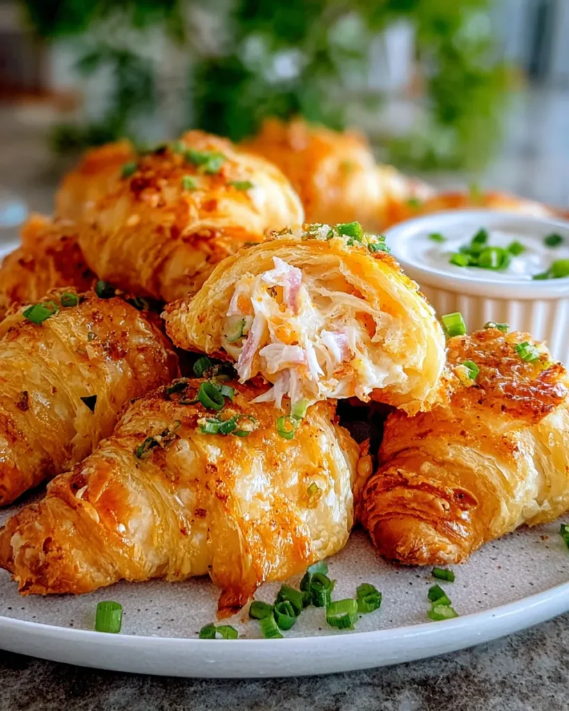 Golden brown Crab Crescent Bites on a baking sheet, filled with creamy crab, cream cheese, green onions, and Old Bay seasoning, served warm as a savory party appetizer.