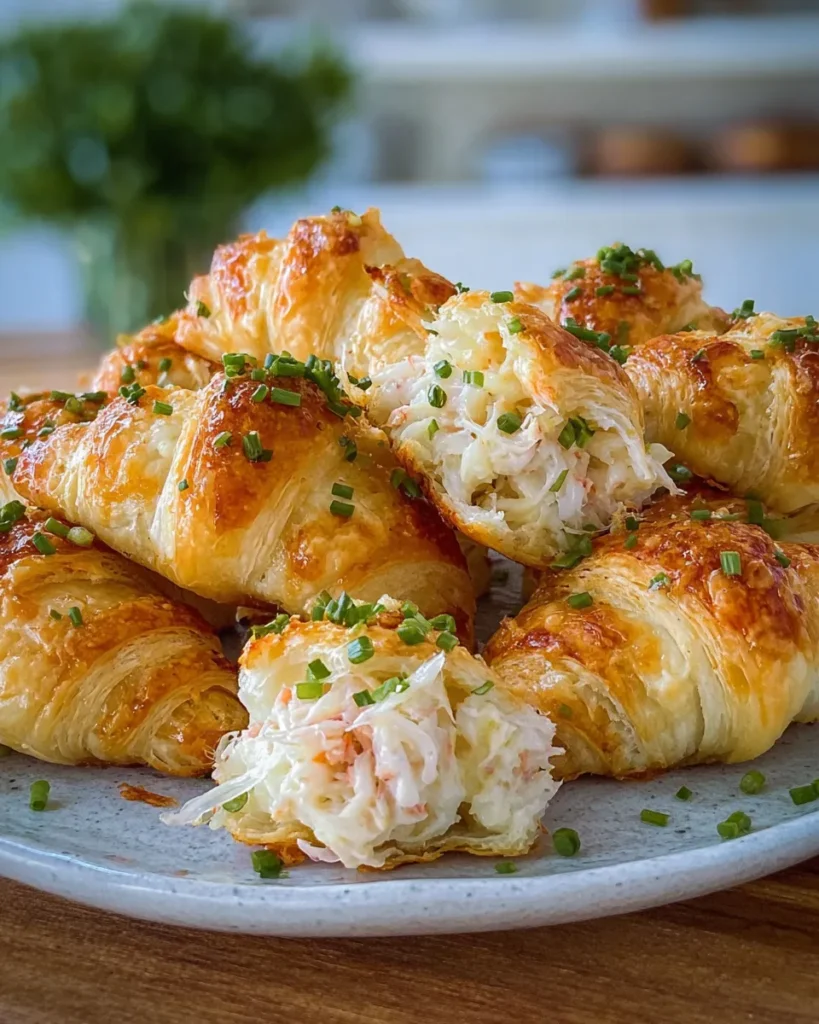 Golden brown Crab Crescent Bites on a baking sheet, filled with creamy crab, cream cheese, green onions, and Old Bay seasoning, served warm as a savory party appetizer.