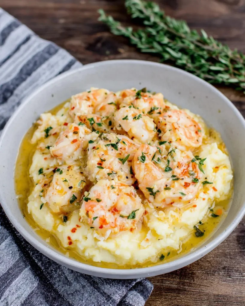 Close-up of creamy garlic shrimp served over fluffy mashed potatoes, topped with Parmesan cream sauce and fresh thyme on a white plate