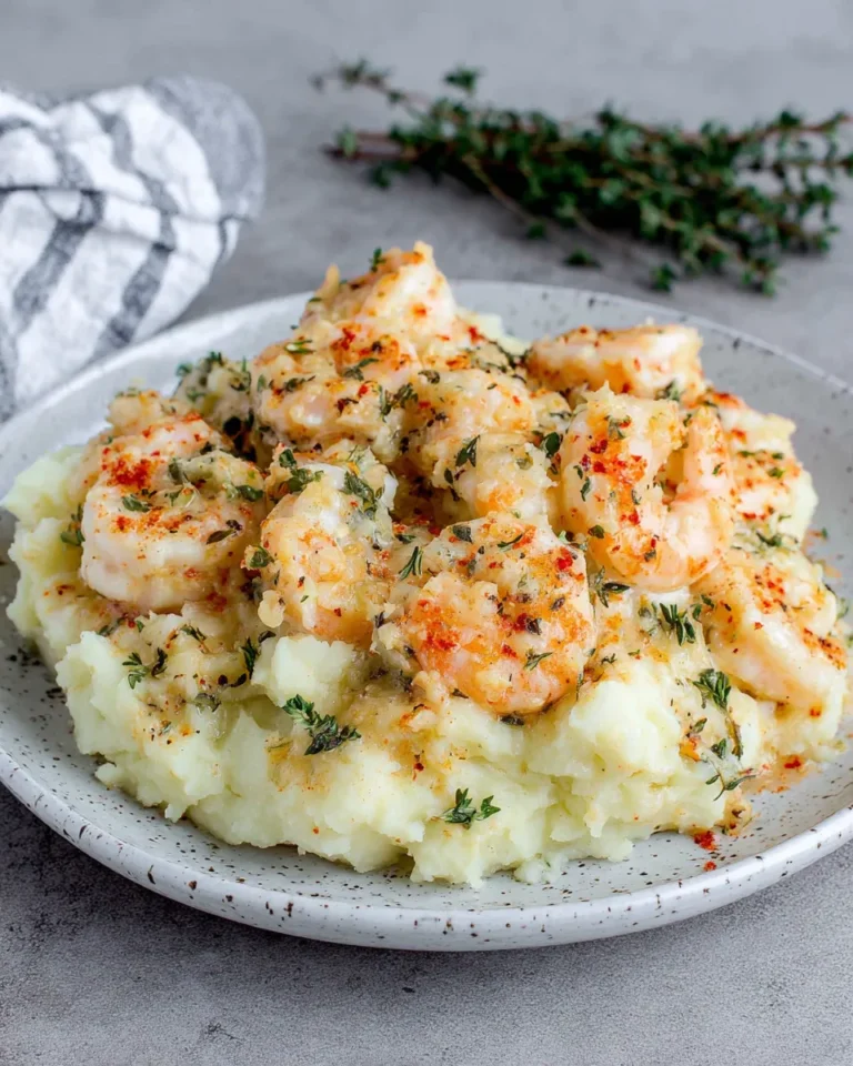 Close-up of creamy garlic shrimp served over fluffy mashed potatoes, topped with Parmesan cream sauce and fresh thyme on a white plate