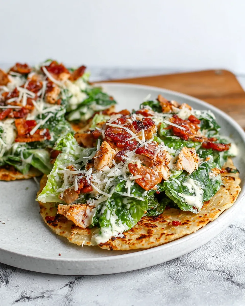 Crispy Smash Chicken Caesar Tacos with golden tortillas, seasoned chicken, fresh romaine lettuce, creamy Caesar dressing, grated parmesan, and crispy bacon bits on a white plate.