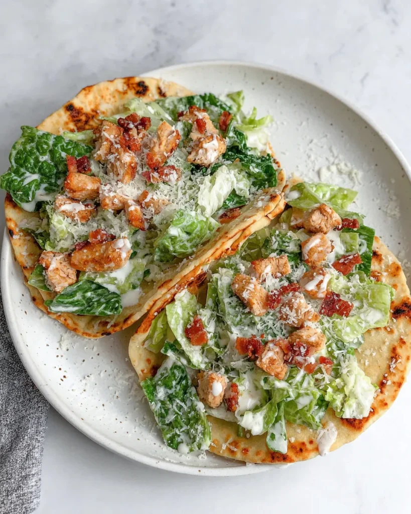 Crispy Smash Chicken Caesar Tacos with golden tortillas, seasoned chicken, fresh romaine lettuce, creamy Caesar dressing, grated parmesan, and crispy bacon bits on a white plate.
