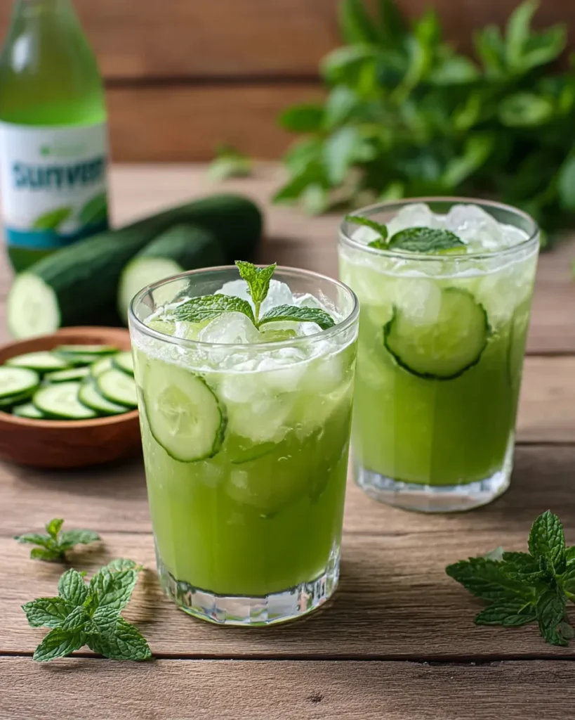 Tall glass of cucumber mint cooler with ice cubes, garnished with fresh mint leaves and cucumber slices, served on a wooden table in natural light