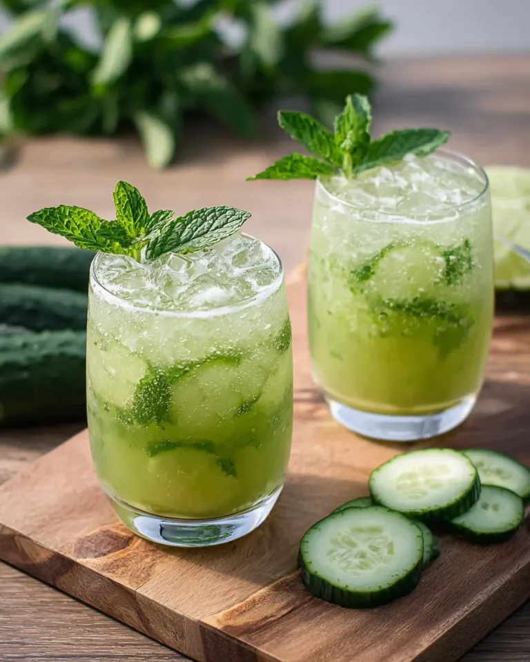 Tall glass of cucumber mint cooler with ice cubes, garnished with fresh mint leaves and cucumber slices, served on a wooden table in natural light