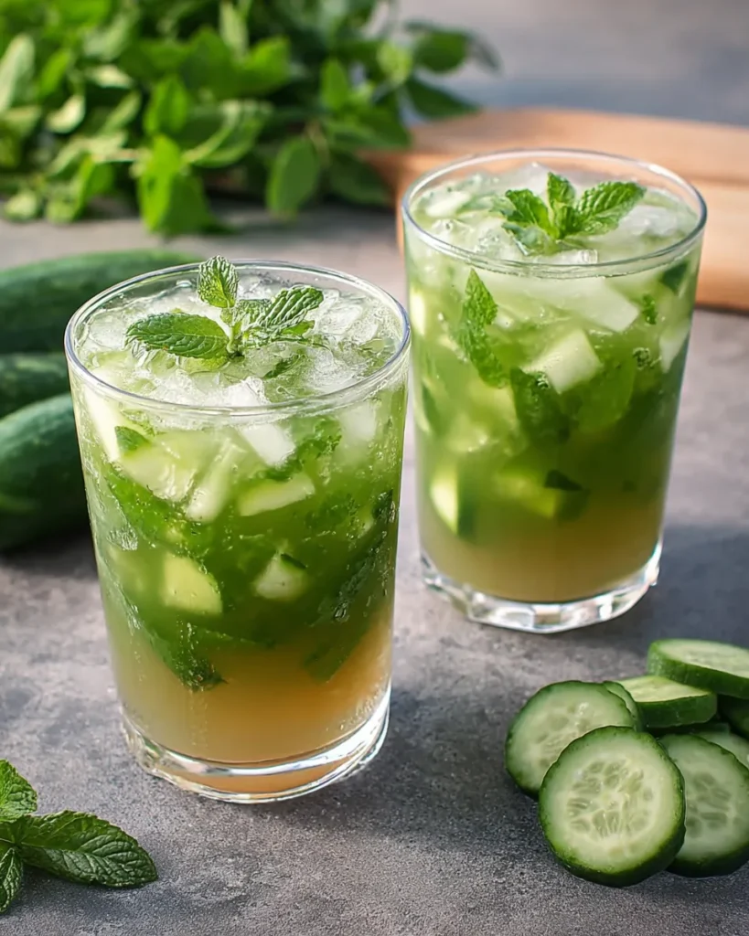 Tall glass of cucumber mint cooler with ice cubes, garnished with fresh mint leaves and cucumber slices, served on a wooden table in natural light