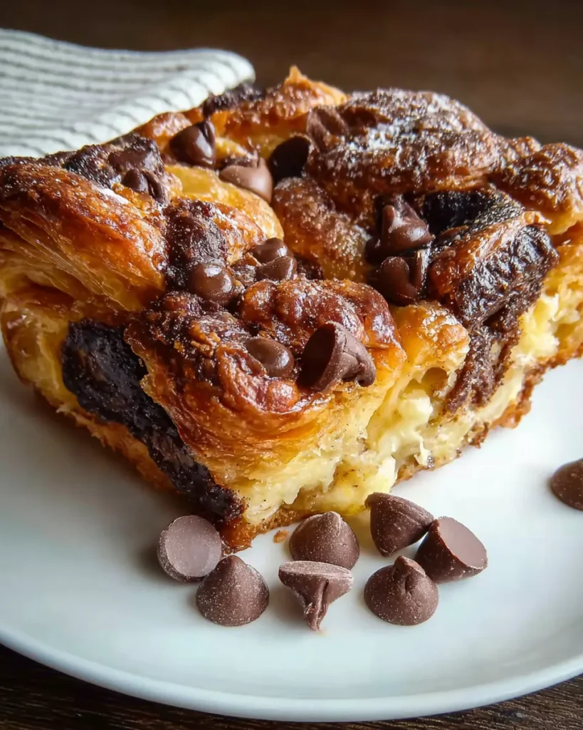 Raw ingredients for a chocolate croissant breakfast bake, including croissants, chocolate chips, milk, eggs, sugar, vanilla, and salt on a kitchen counter.