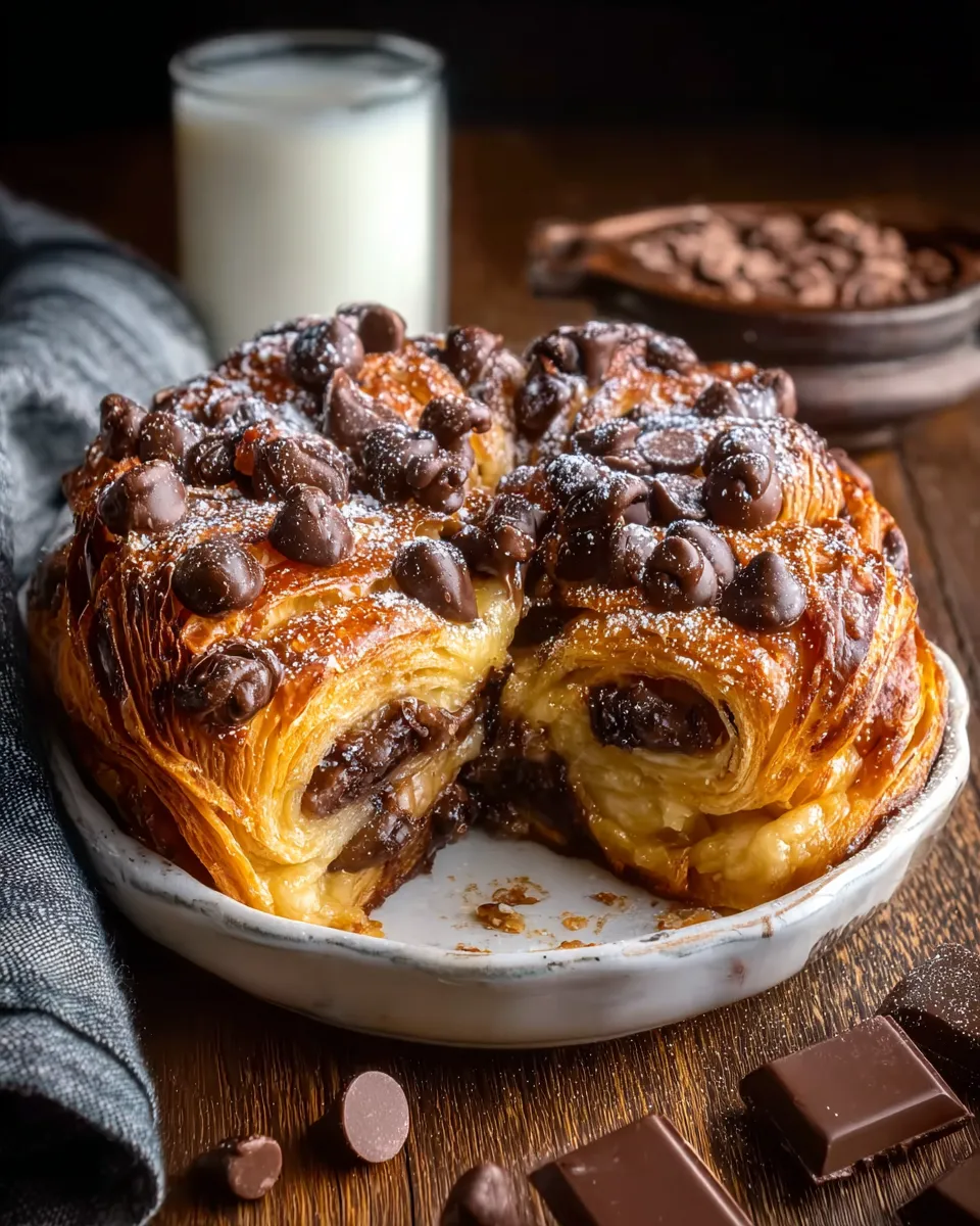 Raw ingredients for a chocolate croissant breakfast bake, including croissants, chocolate chips, milk, eggs, sugar, vanilla, and salt on a kitchen counter.