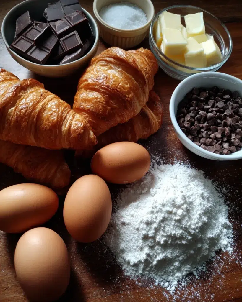 Raw ingredients for a chocolate croissant breakfast bake, including croissants, chocolate chips, milk, eggs, sugar, vanilla, and salt on a kitchen counter.