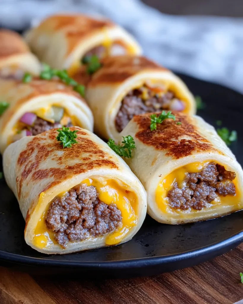 Freshly baked beef and cheese tortilla rollups brushed with garlic butter, arranged on a wooden board