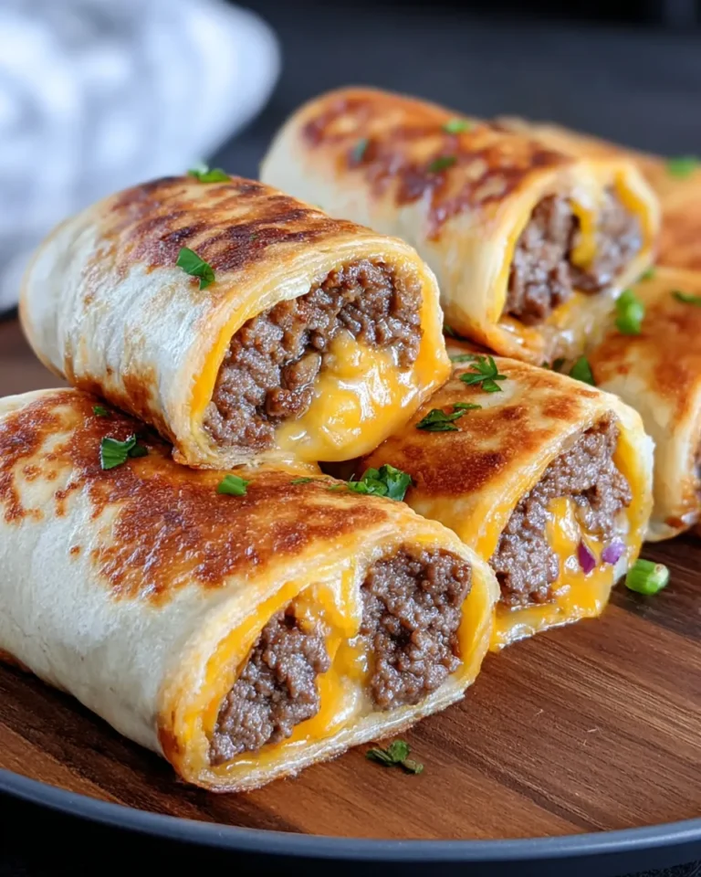 Close-up of cheesy garlic butter beef rollups with melted cheddar and mozzarella oozing from inside.