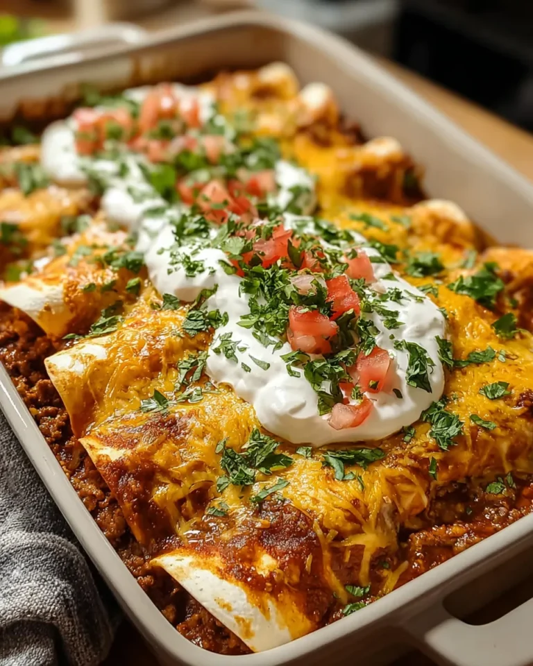 Freshly baked ground beef enchiladas topped with melted cheese and sour cream, served in a white baking dish with bubbling enchilada sauce.