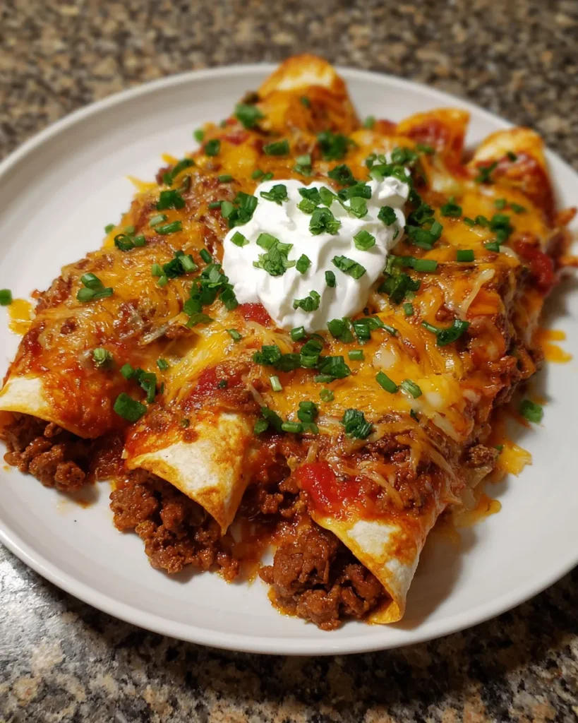 Freshly baked ground beef enchiladas topped with melted cheese and sour cream, served in a white baking dish with bubbling enchilada sauce.