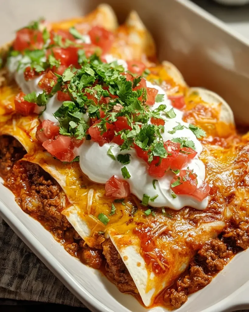 Freshly baked ground beef enchiladas topped with melted cheese and sour cream, served in a white baking dish with bubbling enchilada sauce.