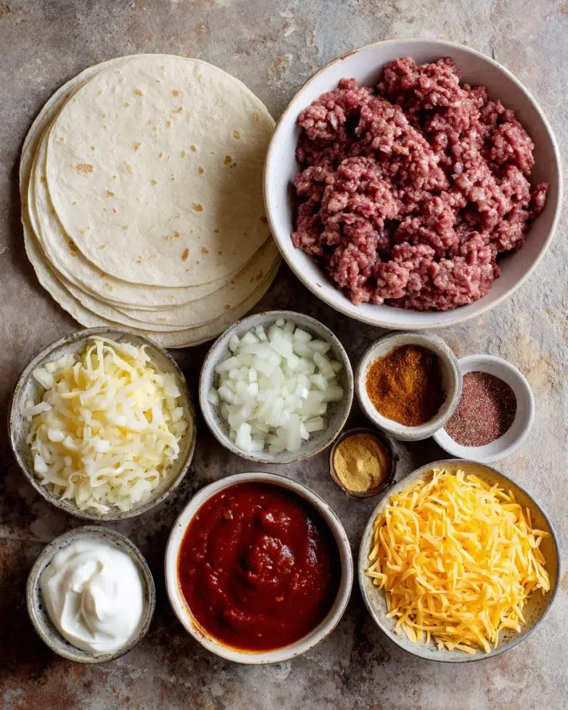 Raw ingredients for ground beef enchiladas arranged on a kitchen counter, including ground beef, tortillas, shredded cheese, diced onions, garlic, enchilada sauce, and spices in small bowls.