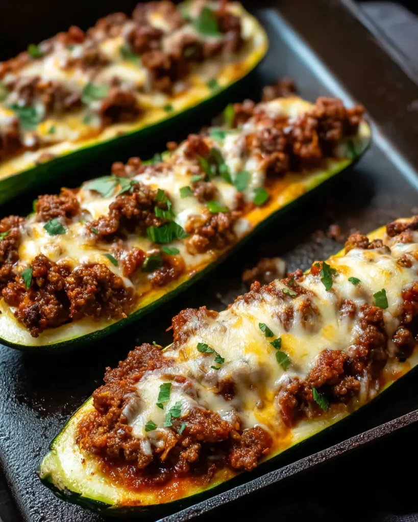 Close-up of cheesy ground beef zucchini boats served on a pretty ceramic plate, topped with fresh parsley and baked to golden perfection.
