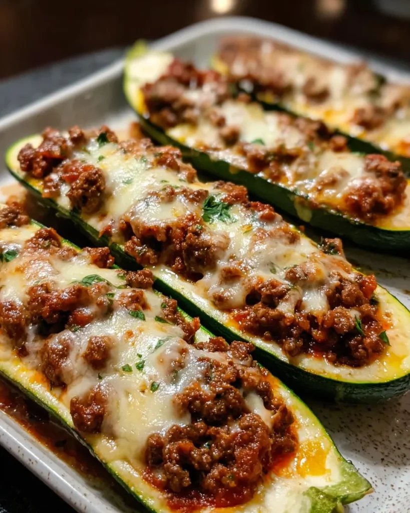 Golden-brown zucchini boats topped with melted cheese, hot and bubbly straight from the oven.