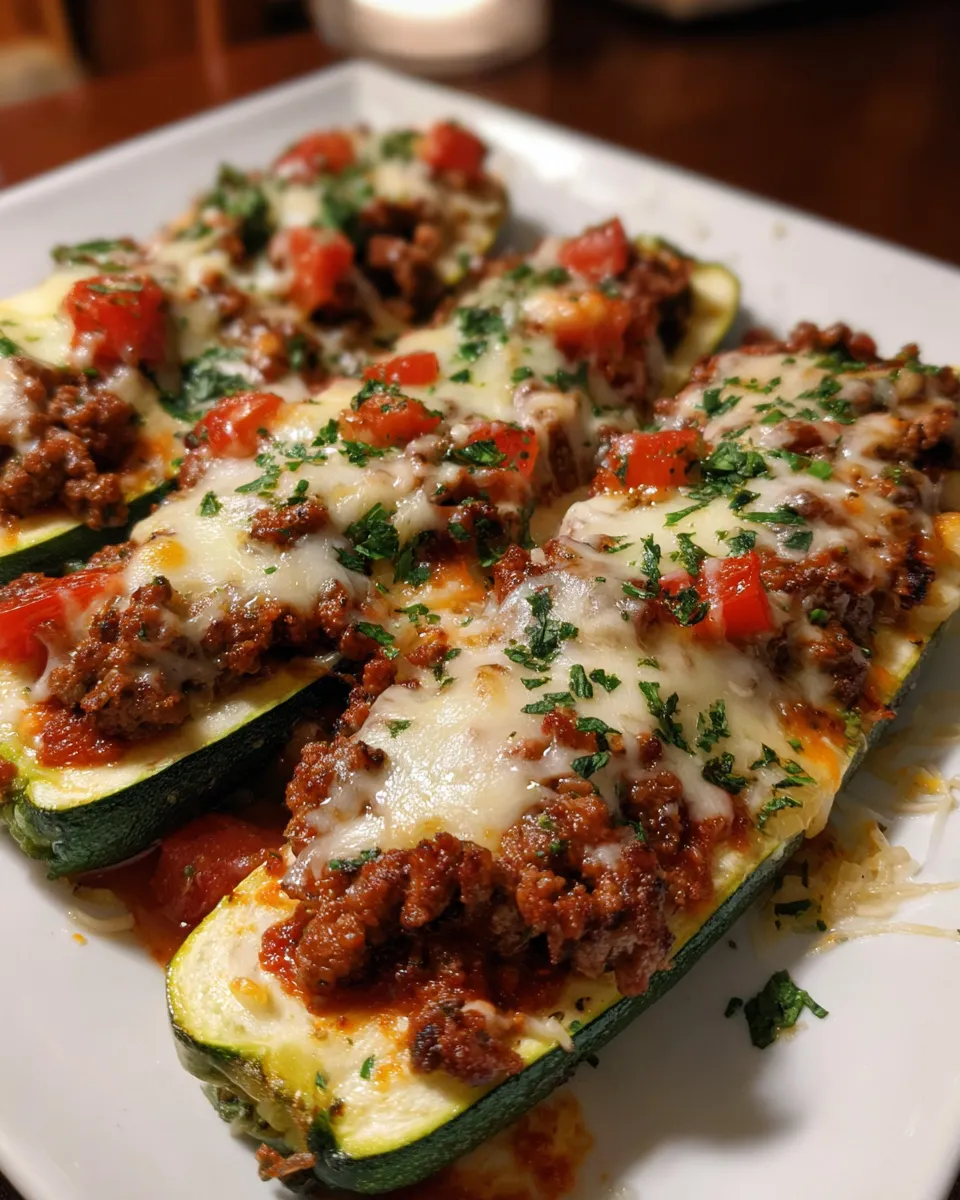 Close-up of cheesy ground beef zucchini boats served on a pretty ceramic plate, topped with fresh parsley and baked to golden perfection.