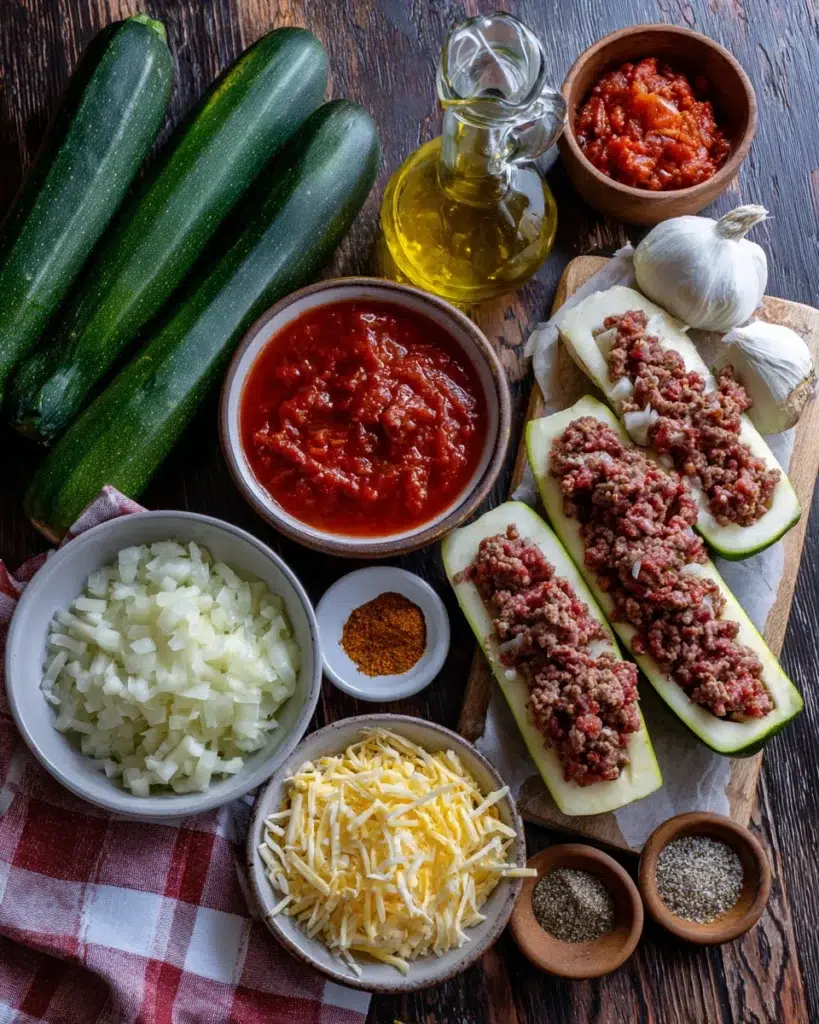 Raw ingredients for zucchini boats arranged casually on a rustic kitchen counter, including ground beef, zucchini, garlic, onion, tomato sauce, spices, and cheese.